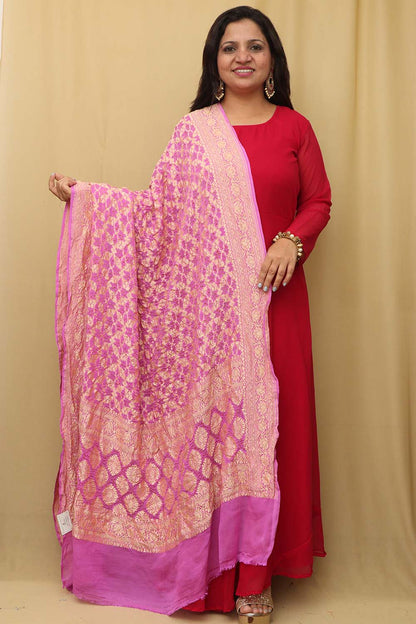 Exquisite Pink Banarasi Bandhani Pure Georgette Dupatta - Luxurion World