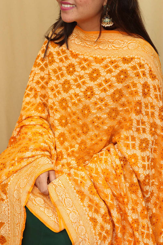Exquisite Yellow Banarasi Bandhani Pure Georgette Dupatta