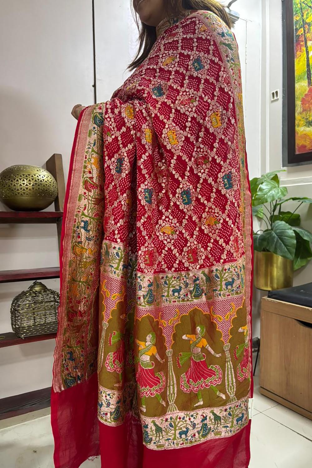 Red Pure Georgette Meenakari Banarasi With Rai Bandhani Work Dupatta - Luxurion World- Crafted Heirlooms