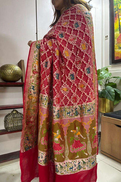 Red Pure Georgette Meenakari Banarasi With Rai Bandhani Work Dupatta - Luxurion World- Crafted Heirlooms