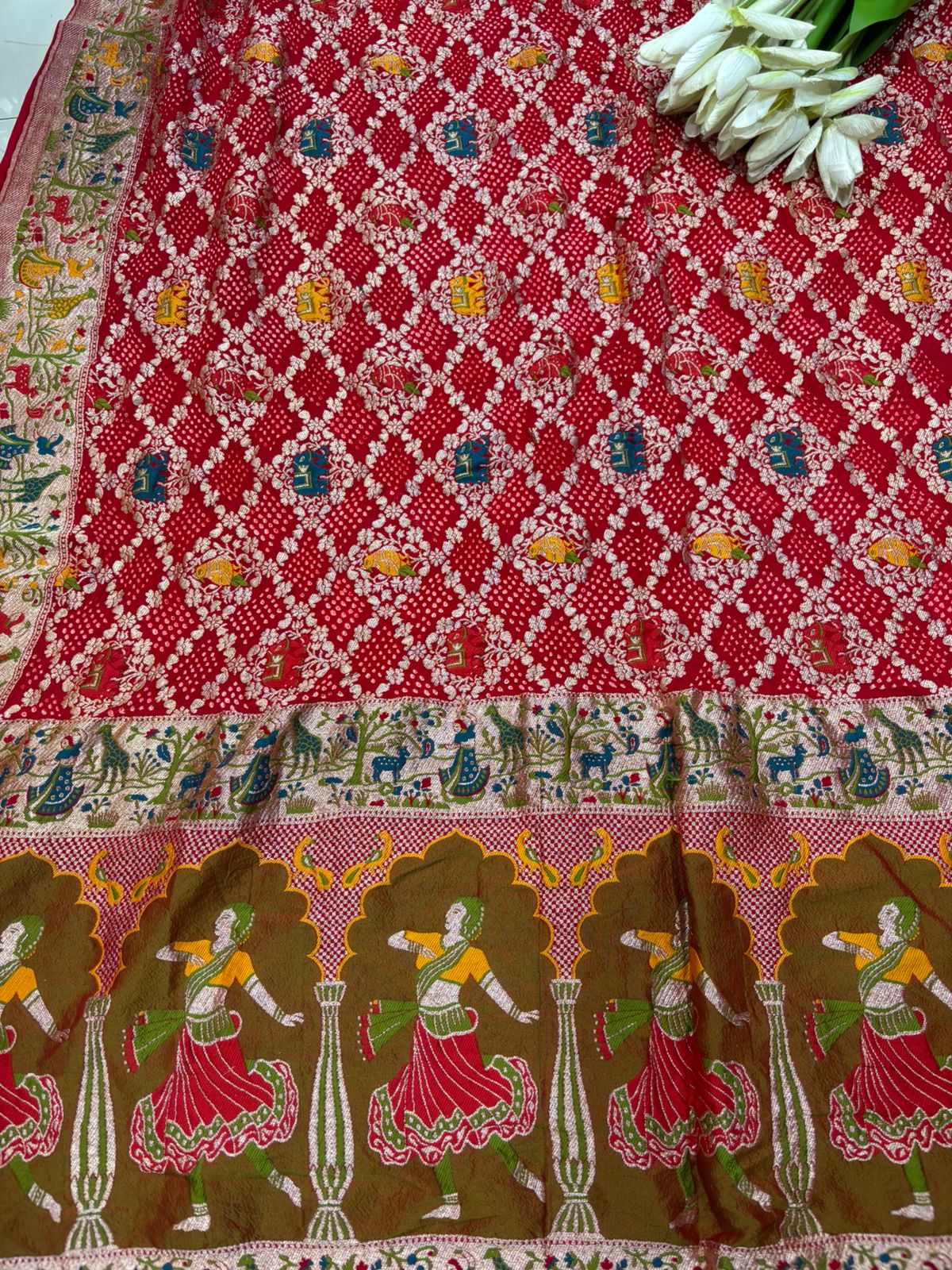 Red Pure Georgette Meenakari Banarasi With Rai Bandhani Work Dupatta - Luxurion World- Crafted Heirlooms