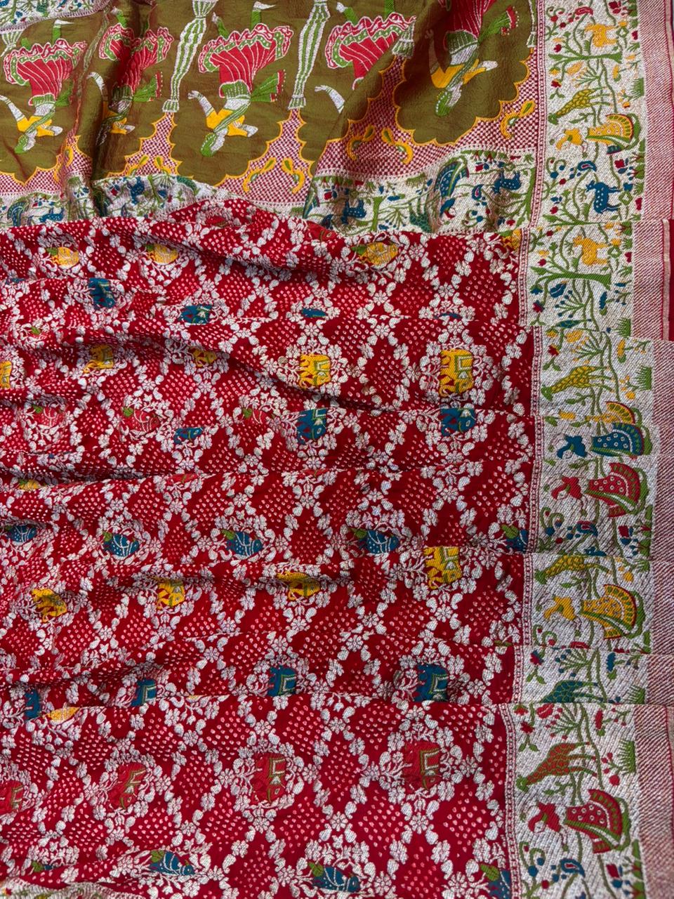 Red Pure Georgette Meenakari Banarasi With Rai Bandhani Work Dupatta - Luxurion World- Crafted Heirlooms