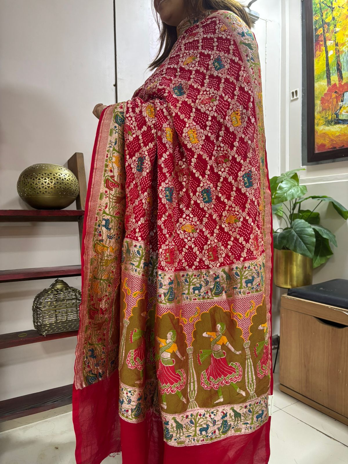 Red Pure Georgette Meenakari Banarasi With Rai Bandhani Work Dupatta - Luxurion World- Crafted Heirlooms
