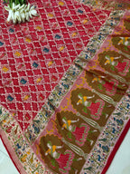 Red Pure Georgette Meenakari Banarasi With Rai Bandhani Work Dupatta - Luxurion World- Crafted Heirlooms