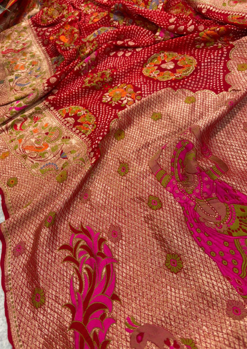 Red Pure Georgette Meenakari Banarasi Bandhani Dupatta ID1B2FK326070901