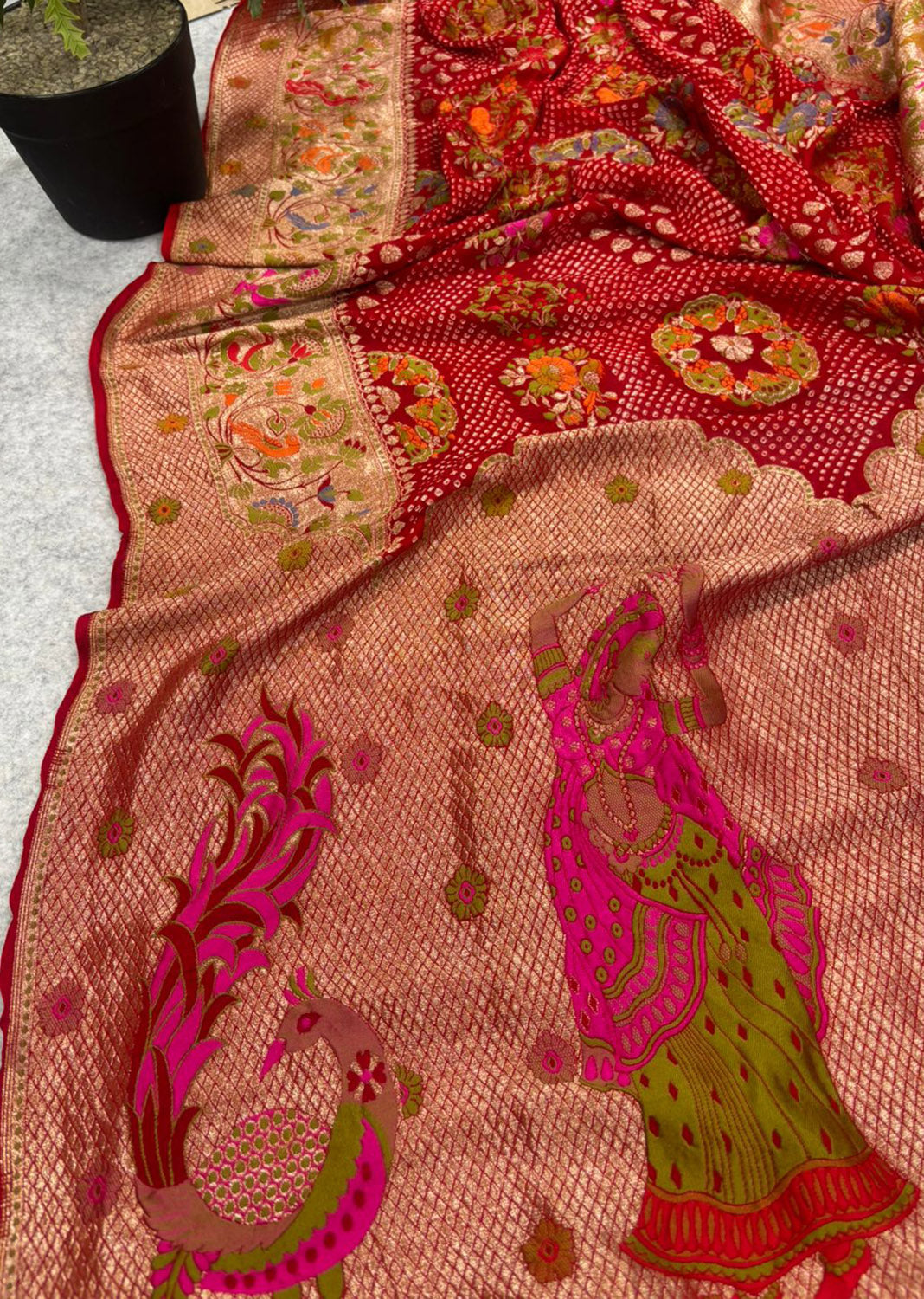 Red Pure Georgette Meenakari Banarasi Bandhani Dupatta ID1B2FK326070901