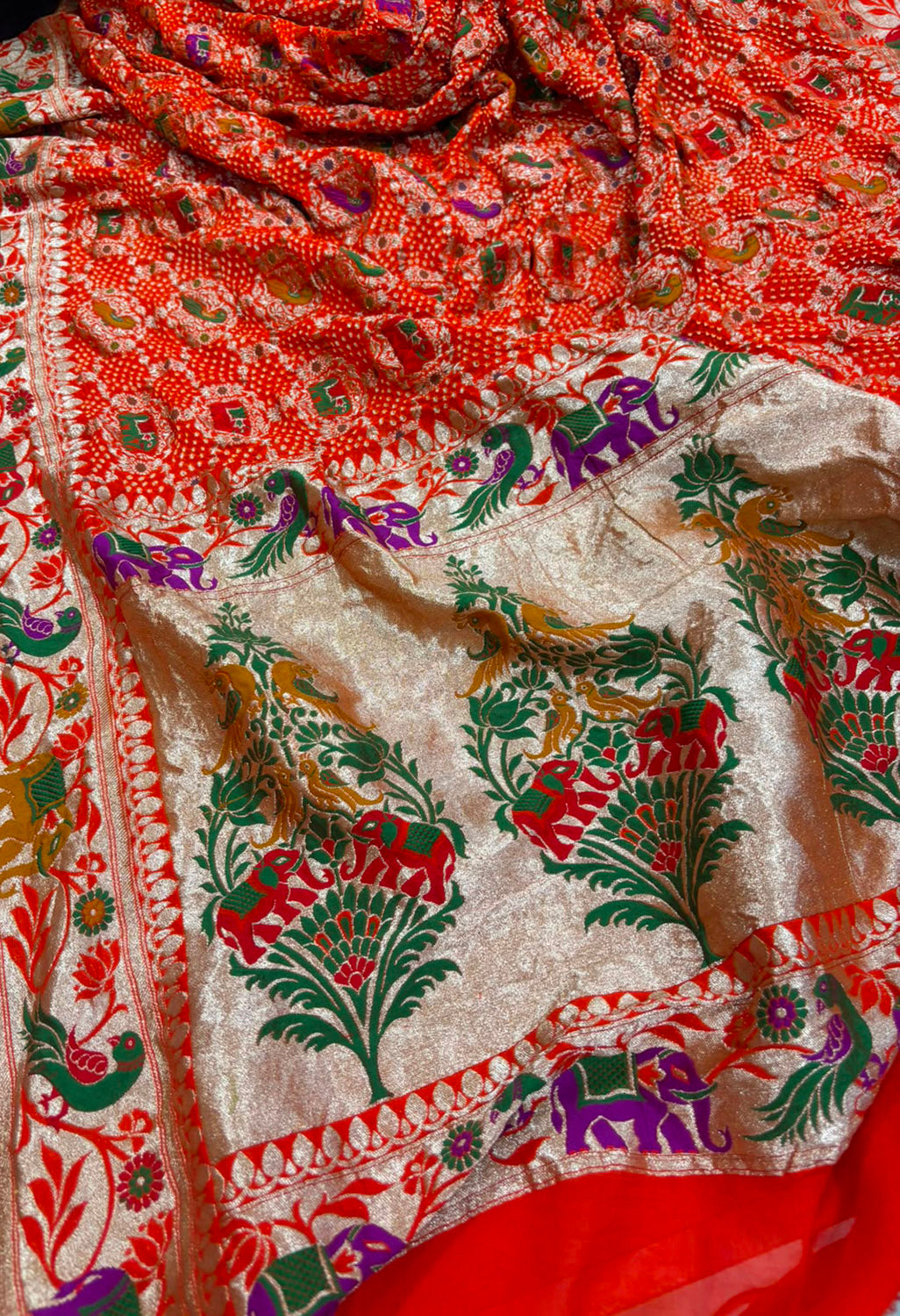 Orange Banarasi Georgette Bandhani Meenakari Dupatta — Tie Dye Zari, Festive