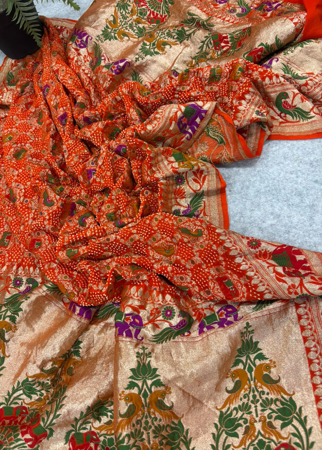 Orange Banarasi Georgette Bandhani Meenakari Dupatta — Tie Dye Zari, Festive