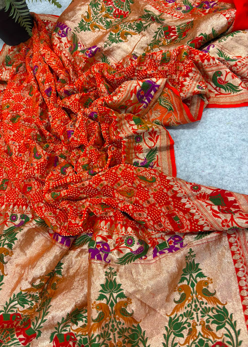 Orange Banarasi Georgette Bandhani Meenakari Dupatta — Tie Dye Zari, Festive