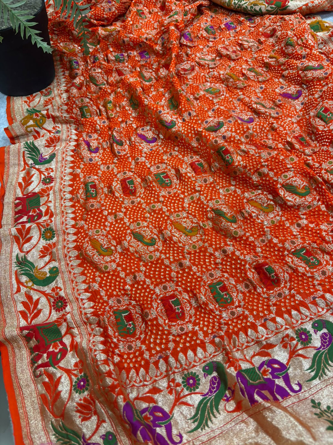Orange Banarasi Georgette Bandhani Meenakari Dupatta — Tie Dye Zari, Festive