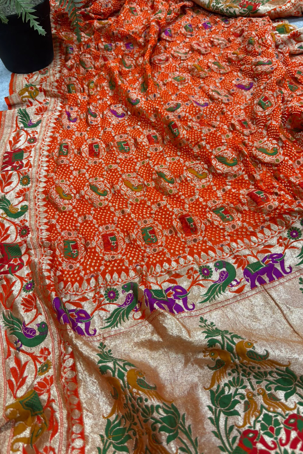 Orange Banarasi Georgette Bandhani Meenakari Dupatta — Tie Dye Zari, Festive