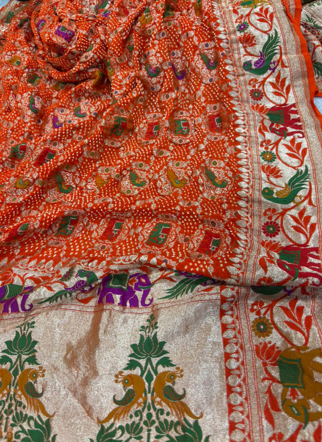 Orange Banarasi Georgette Bandhani Meenakari Dupatta — Tie Dye Zari, Festive