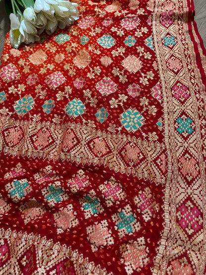Red Banarasi Bandhani Pure Georgette Meenakari Dupatta - Luxurion World