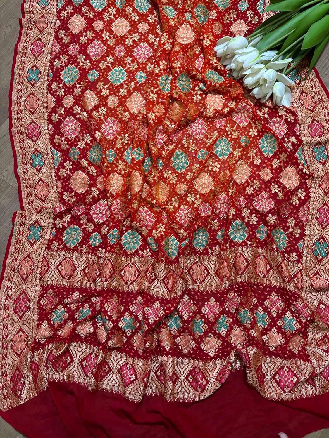 Red Banarasi Bandhani Pure Georgette Meenakari Dupatta - Luxurion World