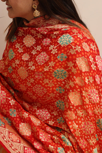 Red Banarasi Bandhani Pure Georgette Meenakari Dupatta - Luxurion World