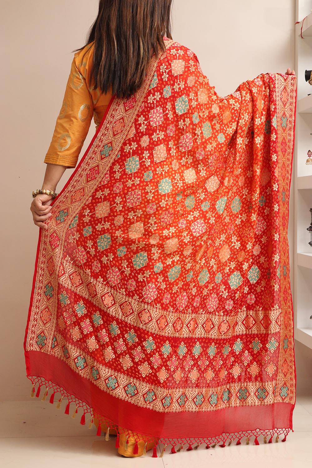 Red Banarasi Bandhani Pure Georgette Meenakari Dupatta - Luxurion World