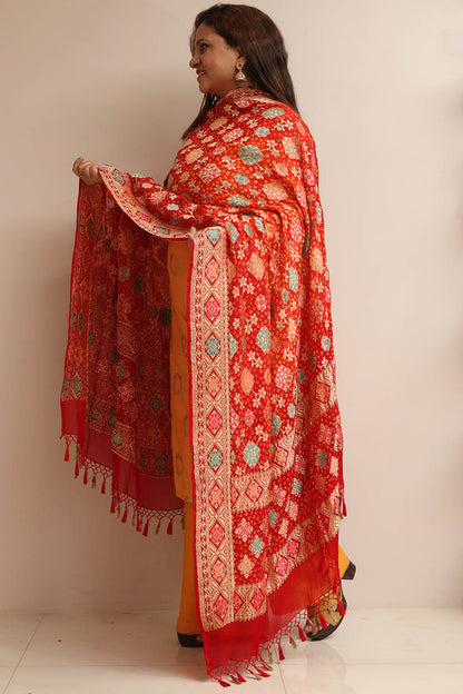 Red Banarasi Bandhani Pure Georgette Meenakari Dupatta - Luxurion World
