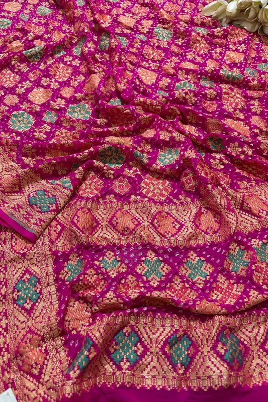 Pink Banarasi Bandhani Pure Georgette Meenakari Dupatta - Luxurion World