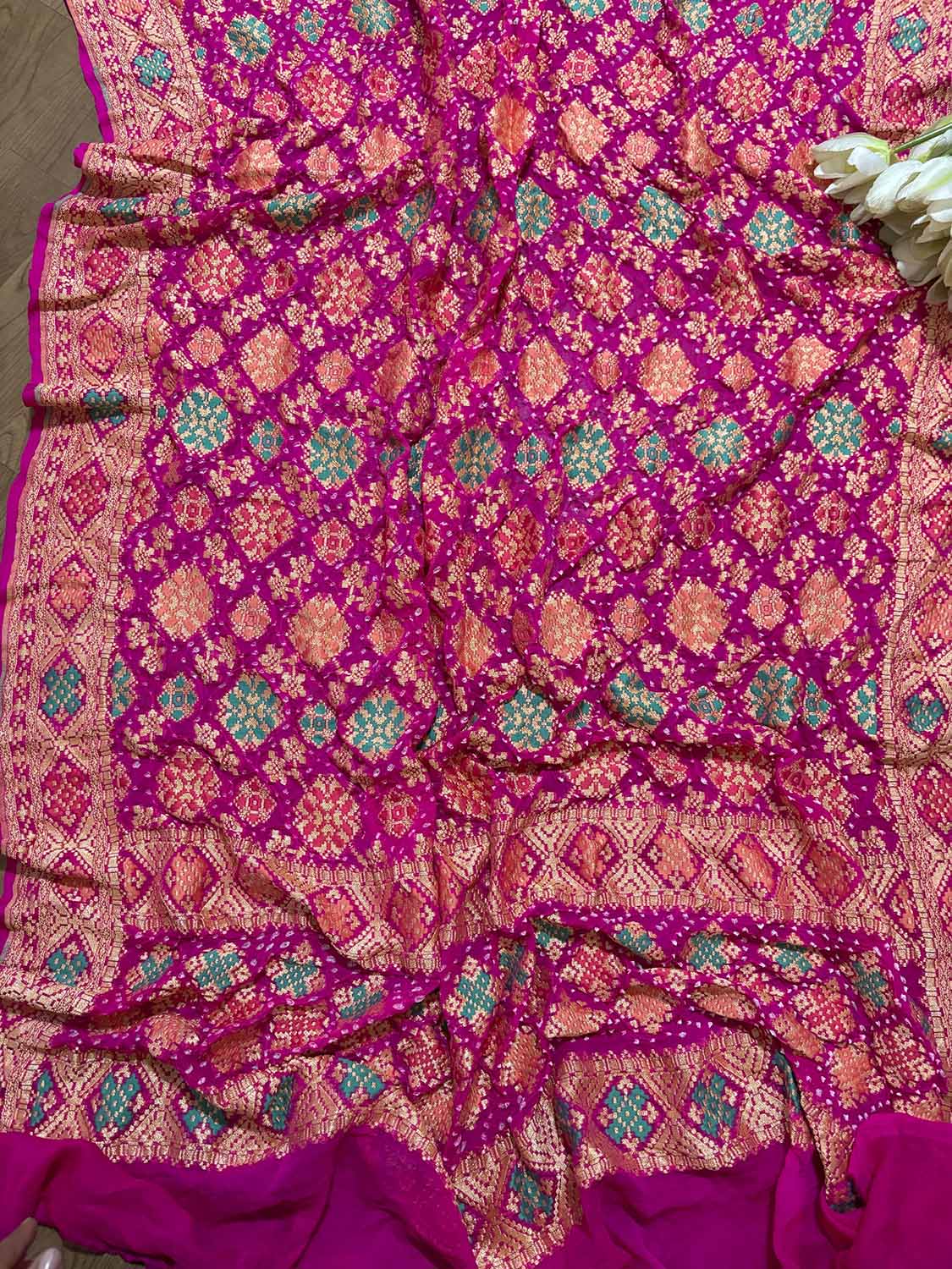 Pink Banarasi Bandhani Pure Georgette Meenakari Dupatta - Luxurion World
