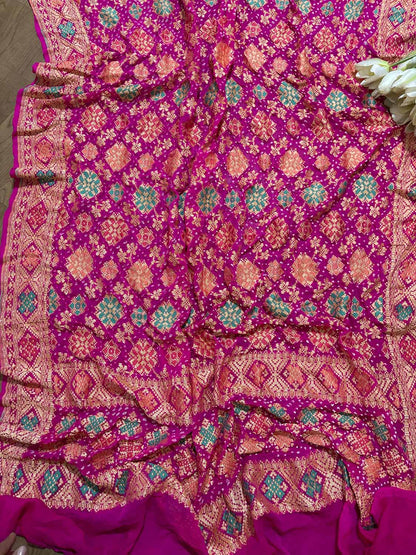 Pink Banarasi Bandhani Pure Georgette Meenakari Dupatta - Luxurion World