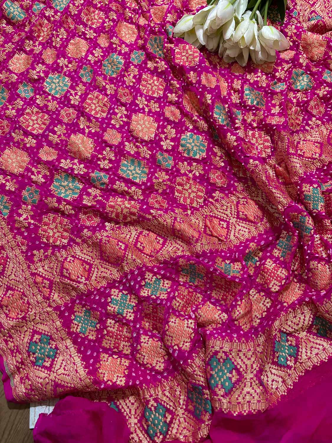 Pink Banarasi Bandhani Pure Georgette Meenakari Dupatta - Luxurion World