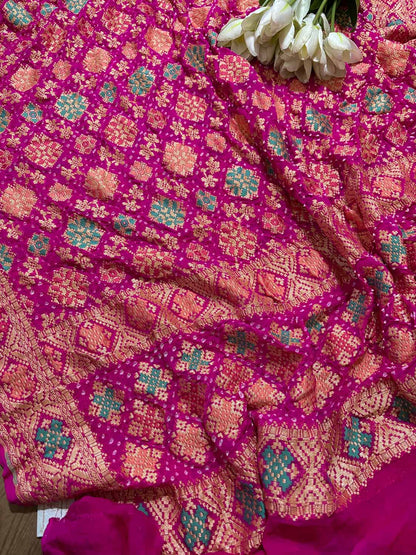 Pink Banarasi Bandhani Pure Georgette Meenakari Dupatta - Luxurion World