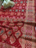 Red Banarasi Bandhani Pure Georgette Meenakari Dupatta - Luxurion World- Crafted Heirlooms