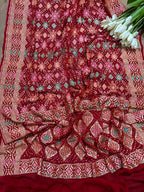 Red Banarasi Bandhani Pure Georgette Meenakari Dupatta - Luxurion World- Crafted Heirlooms