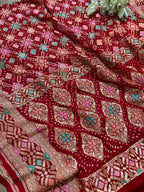 Red Banarasi Bandhani Pure Georgette Meenakari Dupatta - Luxurion World- Crafted Heirlooms
