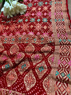 Red Banarasi Bandhani Pure Georgette Meenakari Dupatta - Luxurion World- Crafted Heirlooms