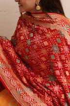 Red Banarasi Bandhani Pure Georgette Meenakari Dupatta - Luxurion World- Crafted Heirlooms