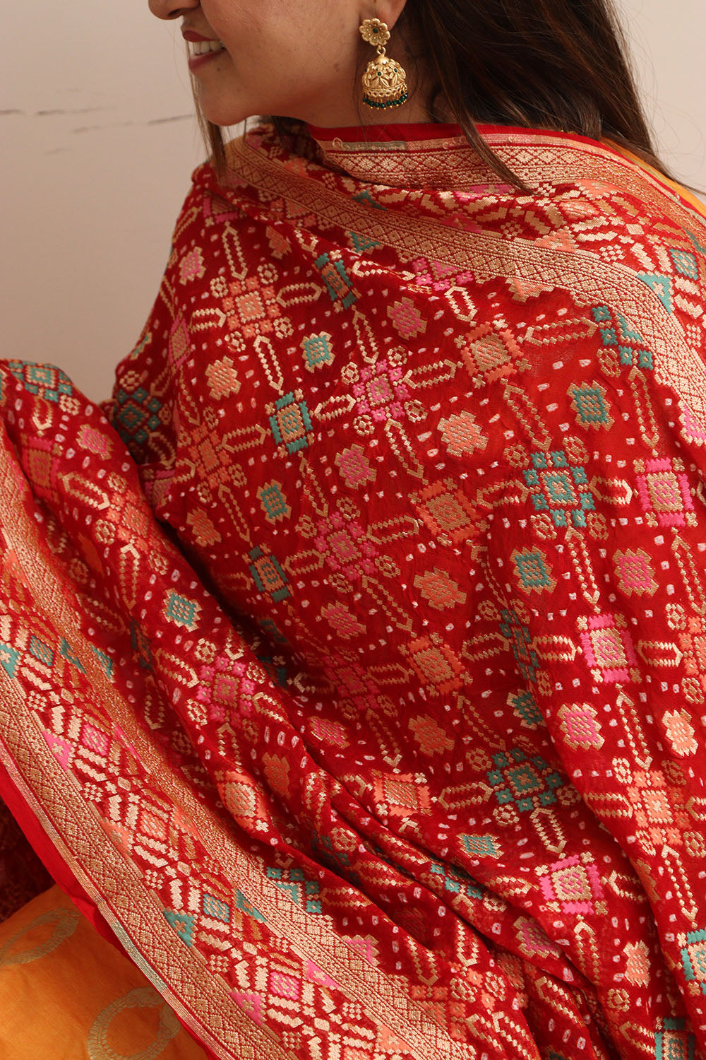 Red Banarasi Bandhani Pure Georgette Meenakari Dupatta - Luxurion World- Crafted Heirlooms