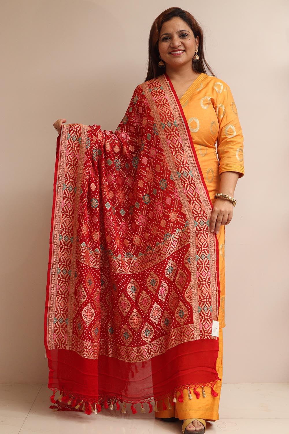 Red Banarasi Bandhani Pure Georgette Meenakari Dupatta - Luxurion World- Crafted Heirlooms