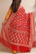 Red Banarasi Bandhani Pure Georgette Meenakari Dupatta - Luxurion World- Crafted Heirlooms