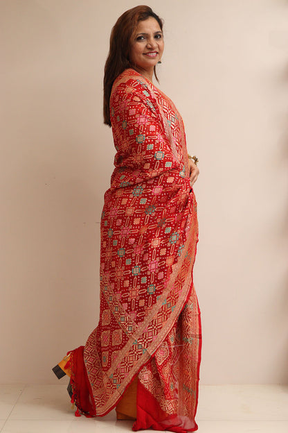 Red Banarasi Bandhani Pure Georgette Meenakari Dupatta - Luxurion World