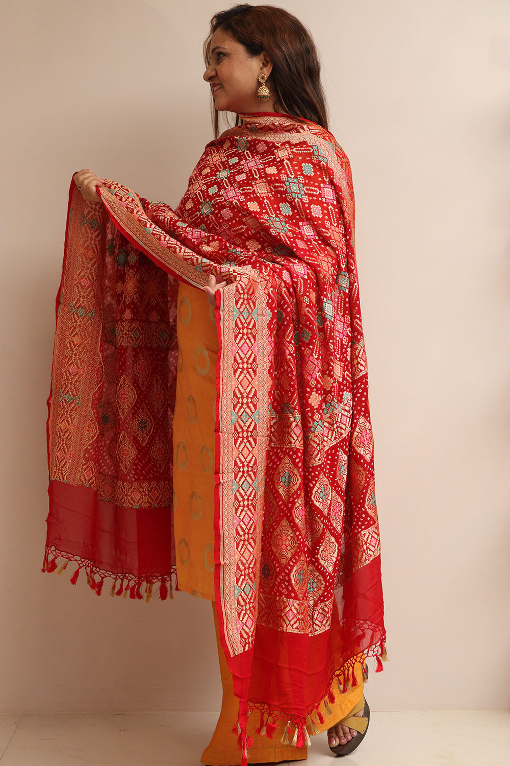 Red Banarasi Bandhani Pure Georgette Meenakari Dupatta - Luxurion World