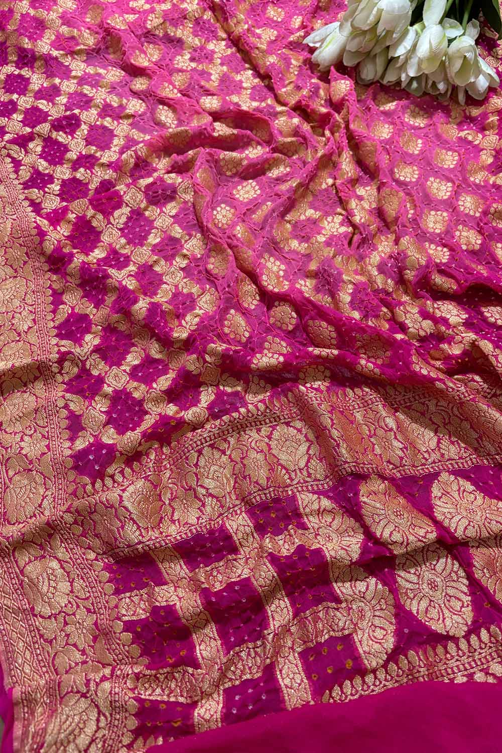 Stunning Pink Banarasi Bandhani Pure Georgette Dupatta - Luxurion World