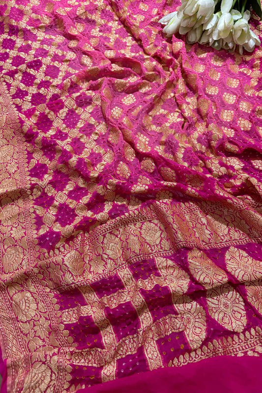 Stunning Pink Banarasi Bandhani Pure Georgette Dupatta - Luxurion World
