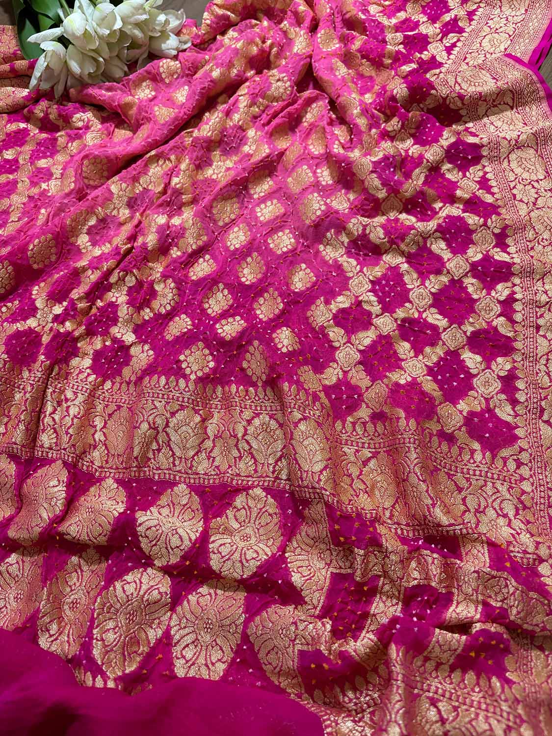 Stunning Pink Banarasi Bandhani Pure Georgette Dupatta - Luxurion World