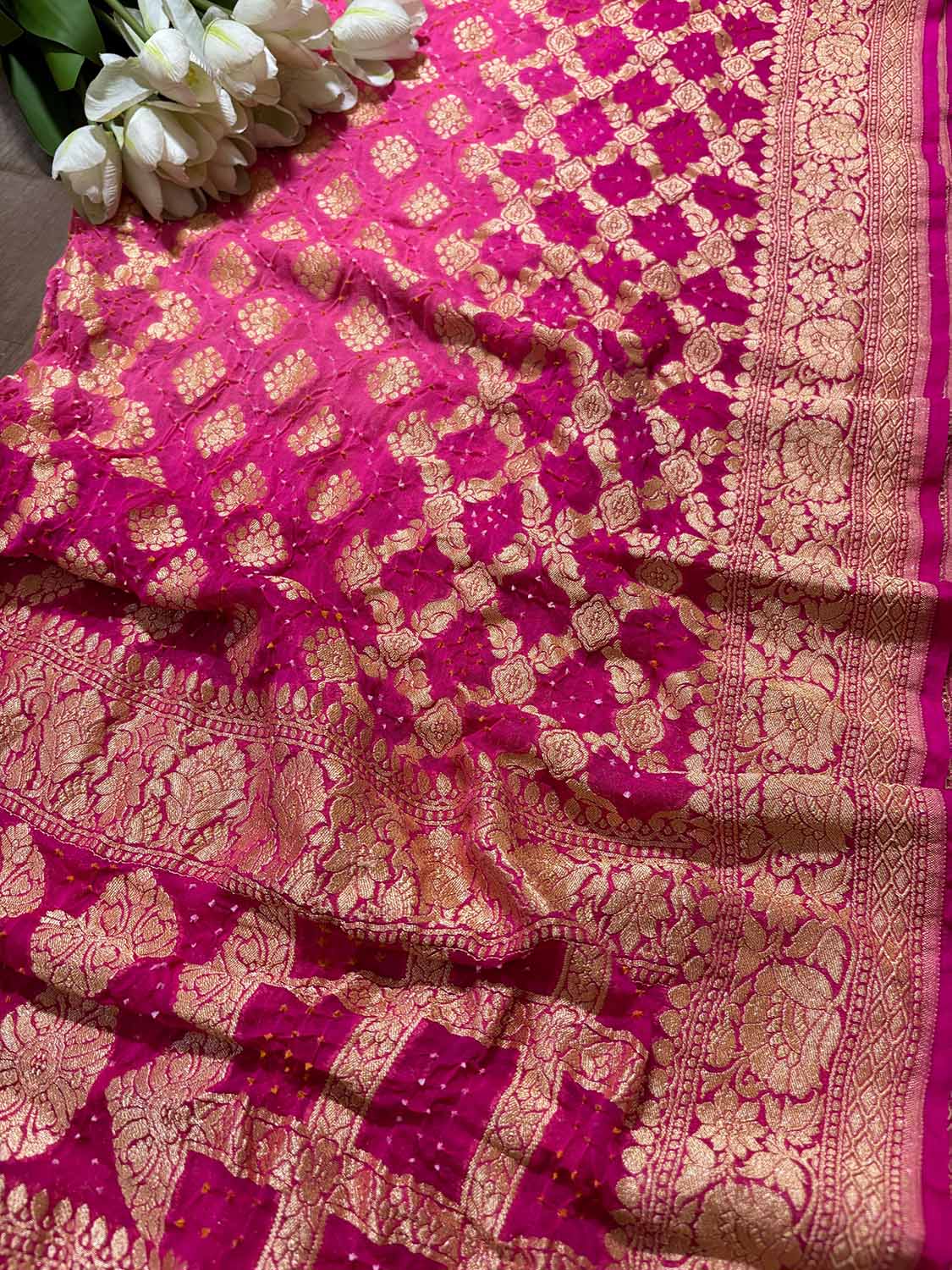 Stunning Pink Banarasi Bandhani Pure Georgette Dupatta - Luxurion World