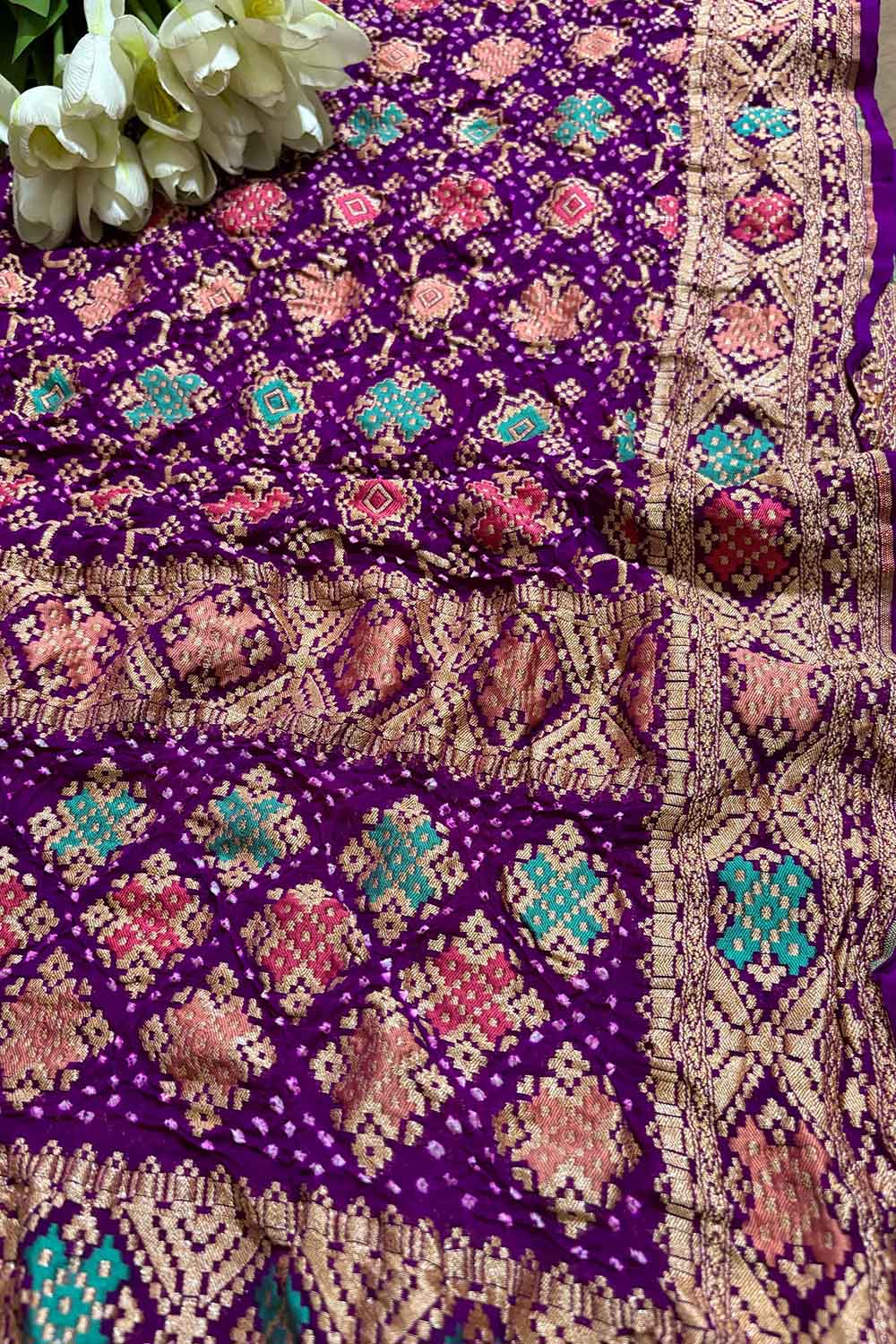 Exquisite Purple Banarasi Bandhani Pure Georgette Meenakari Dupatta - Luxurion World- Crafted Heirlooms