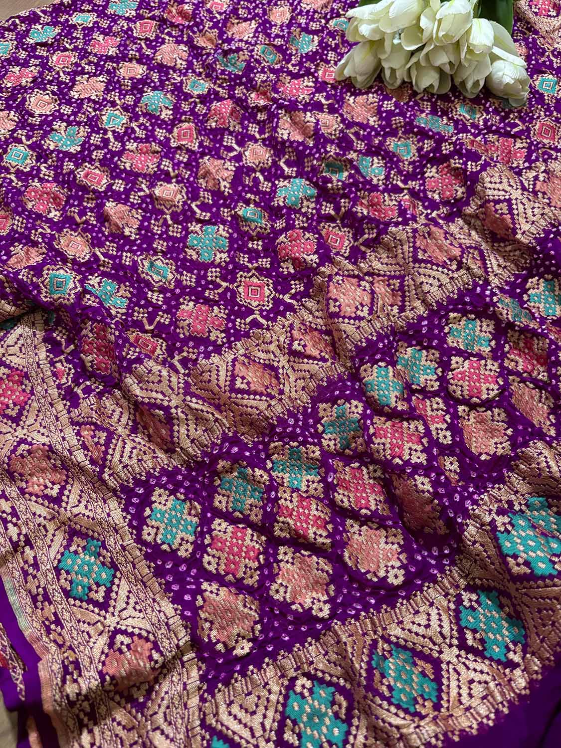 Exquisite Purple Banarasi Bandhani Pure Georgette Meenakari Dupatta - Luxurion World- Crafted Heirlooms