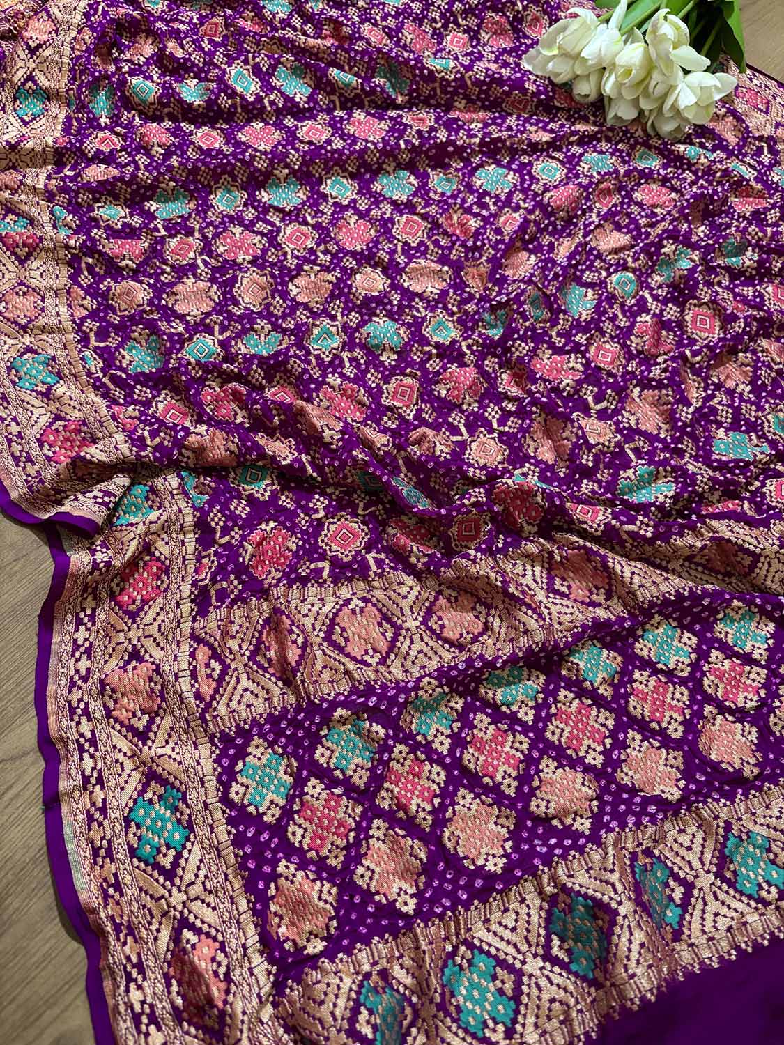 Exquisite Purple Banarasi Bandhani Pure Georgette Meenakari Dupatta - Luxurion World