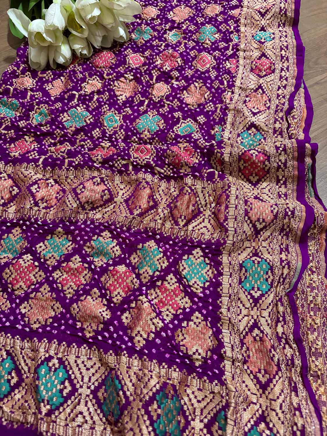 Exquisite Purple Banarasi Bandhani Pure Georgette Meenakari Dupatta - Luxurion World- Crafted Heirlooms