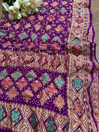 Exquisite Purple Banarasi Bandhani Pure Georgette Meenakari Dupatta - Luxurion World