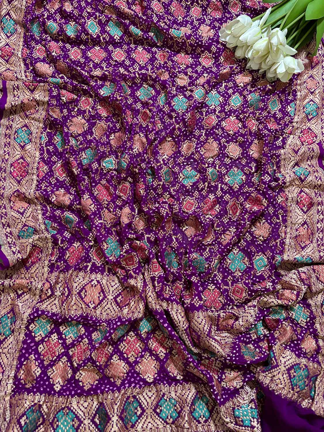 Exquisite Purple Banarasi Bandhani Pure Georgette Meenakari Dupatta - Luxurion World- Crafted Heirlooms