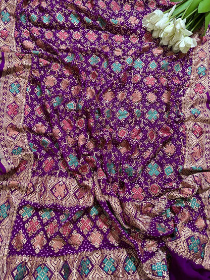 Exquisite Purple Banarasi Bandhani Pure Georgette Meenakari Dupatta - Luxurion World