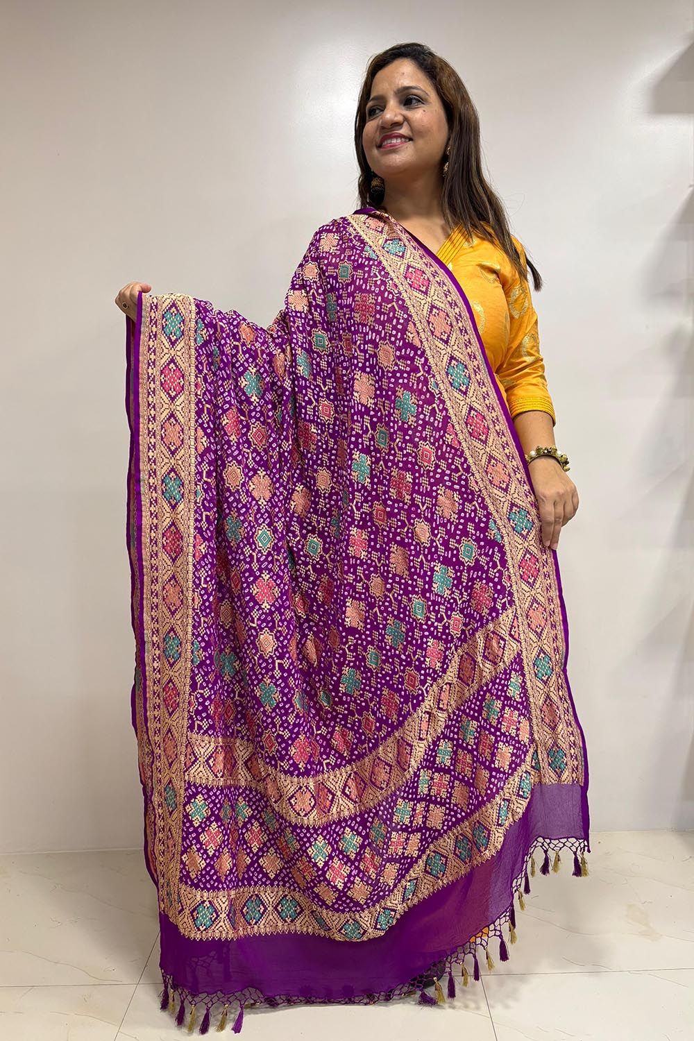 Exquisite Purple Banarasi Bandhani Pure Georgette Meenakari Dupatta - Luxurion World- Crafted Heirlooms