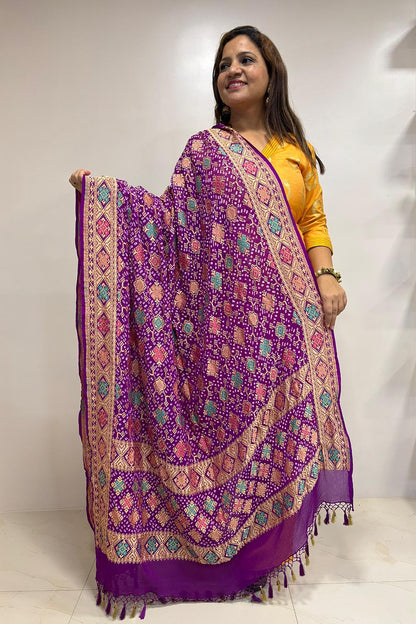 Exquisite Purple Banarasi Bandhani Pure Georgette Meenakari Dupatta - Luxurion World