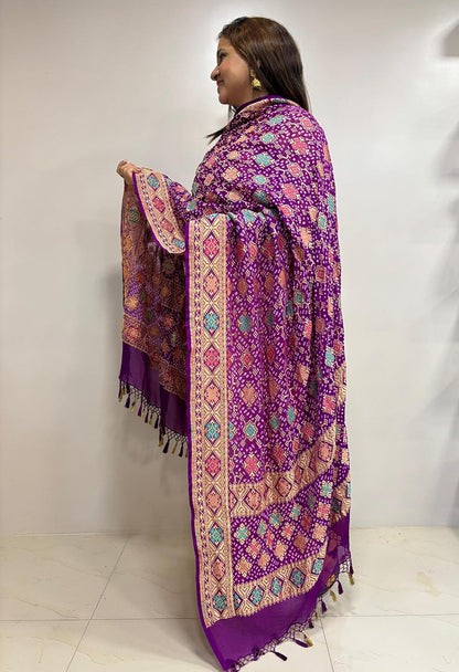 Exquisite Purple Banarasi Bandhani Pure Georgette Meenakari Dupatta - Luxurion World